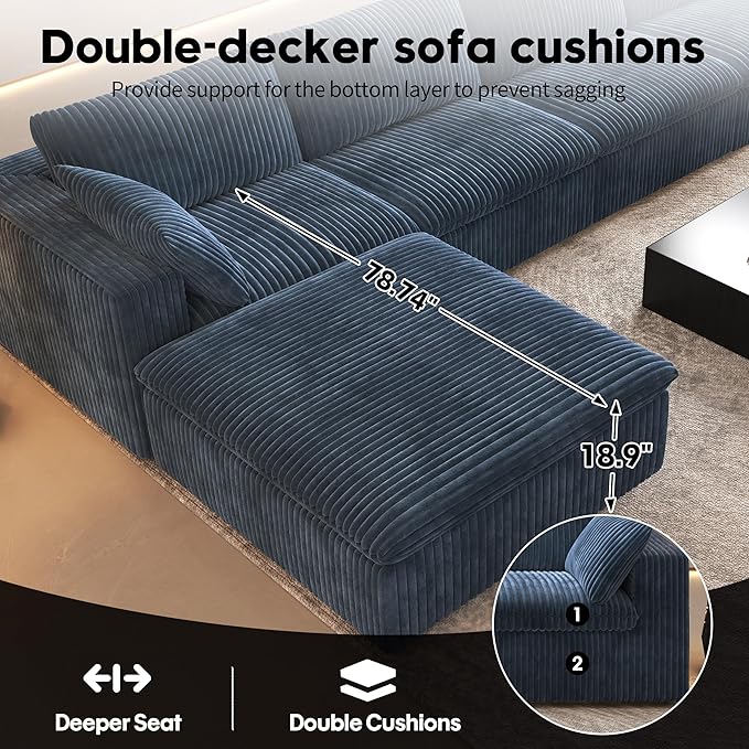 78.74" L Shaped Modern Sofa Modular Sectional Cloud Couch with Ottoman,Upholstered Couches with Plush Corduroy Fabric for Living Room Furniture,Bedroom and Apartment,No Assembly Required,Blue-Ruum Studio Home