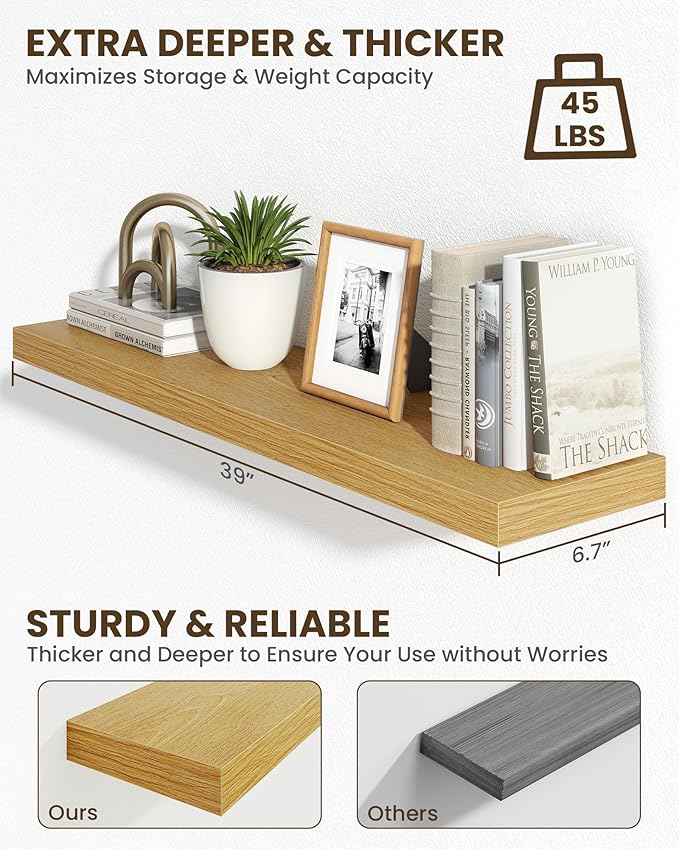 Marsmiles 39" Floating Shelves for Wall, Wooden Shelves with Invisible Brackets Set of 2, Rustic Farmhouse Wall Mounted Shelf for Kitchen Bathroom Living Room Study, Natural Oak-Ruum Studio Home