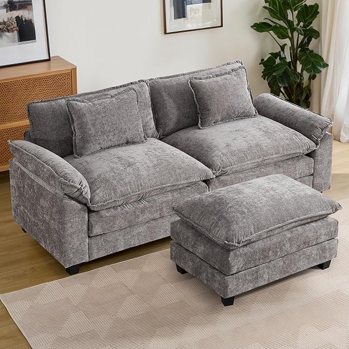 URRED Modular Sectional Sofa Comfy Cloud Couch, Modern Chenille Sofa Sleeper Deep Seat Couches with Ottoman/Pillows for Living Room (Gray, 82.6''- L Shape)-Ruum Studio Home