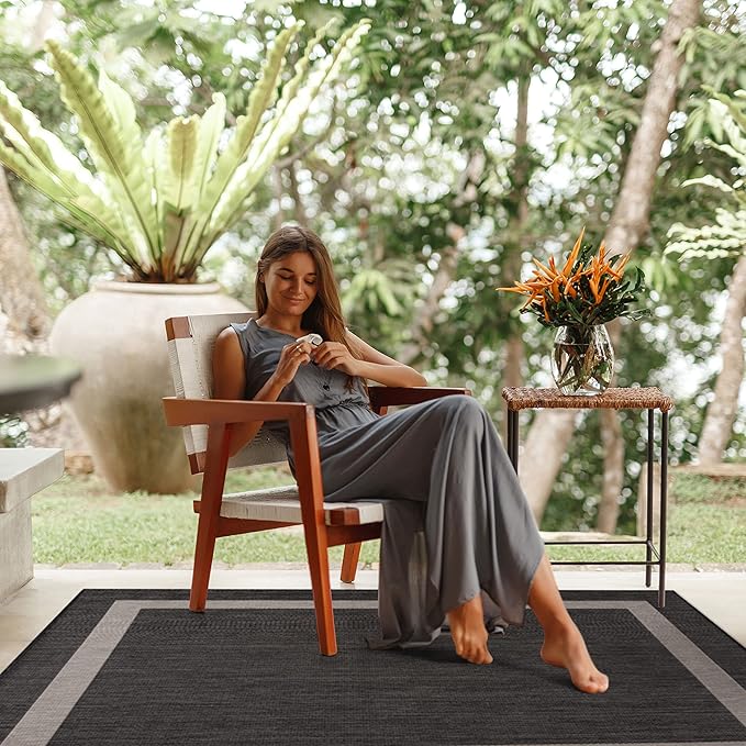 CAMILSON Outdoor Rug 9x12, Large Modern Outside Rugs for Patios Porches Waterproof Durable Washable Non-Shedding, Easy-to-Clean Indoor Outdoor Area Carpet (9 x 12, Bordered - Dark Gray/Light Gray)-Ruum Studio Home