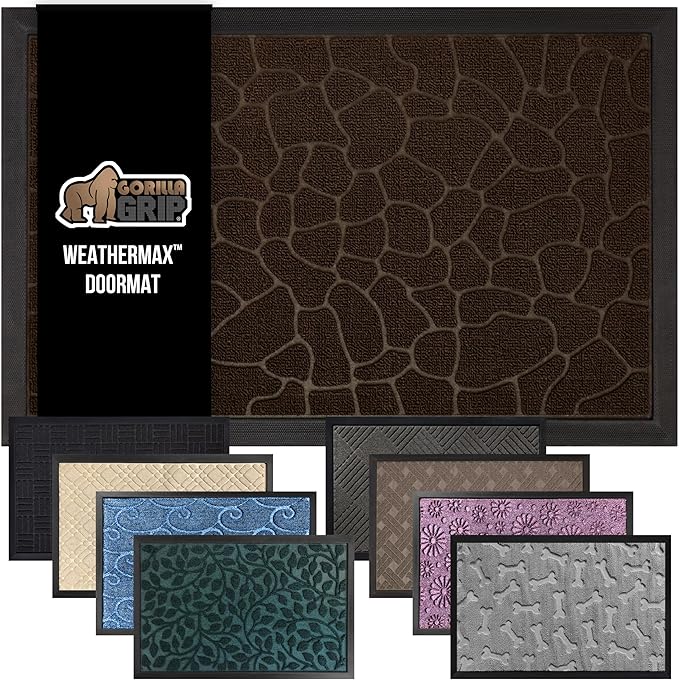 GORILLA GRIP 100% Waterproof All-Season WeatherMax Doormat, 47x35, US Designed Natural Rubber, Stain and Fade Resistant, Low Profile Indoor Outdoor Door Mats, Easy Clean Patio Mat, Dark Brown Pebble-Ruum Studio Home