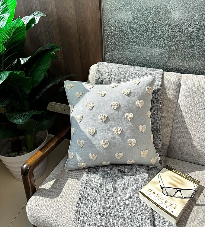 VAGMINE Hand Embroidered French Knotted Hearts Pillow Cover - 18x18 Inches Square - 100% Cotton Robins Egg Decorative Cushion Cover - Romantic Gift for Couples - Valentine’s Bedroom Decor-Ruum Studio Home