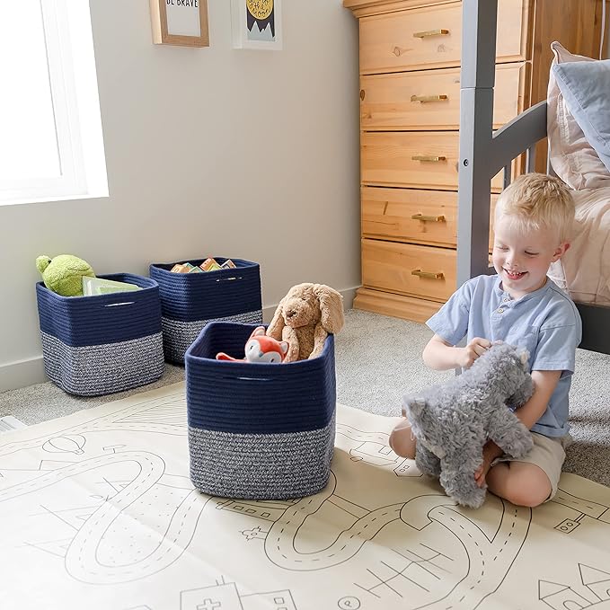 NaturalCozy Storage Cubes 11 Inch Cotton Rope Woven Baskets for Organizing, 3-Pack | Cube Storage Bin | Square Storage Baskets for Shelves Organizer, Classroom, Kids Toy Bins, Closet, Baby Nursery-Ruum Studio Home