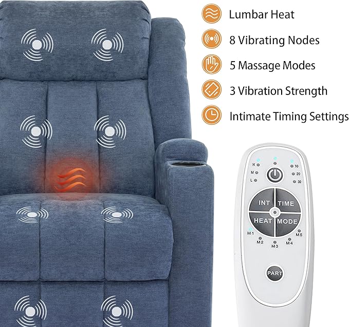 Power Lift Recliner Chair for Elderly with Massage and Heat, Recliner Chairs for Adults, Upgraded Fabric Reclining Sofa Chair with USB & Type-C Ports and Side Pockets, L1188 (Blue)-Ruum Studio Home