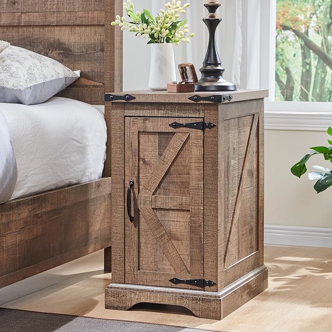 JXQTLINGMU Farmhouse Nightstand Set of 2 with Charging Station, 17"D Rectangular End Table with Barn Door & Adjustable Storage Shelf, Wood Rustic Sofa Side Table for Living Room, Bedroom, Light Brown-Ruum Studio Home