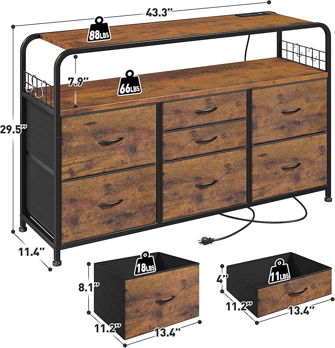 TV Stand for Bedroom with LED Lights & Charging Station, 7 Drawer with Open Shelf, Media Console for Living Room & Chest of Drawers for Closet, Entryway, Hallway, 4 Hooks, Rustic Brown-Ruum Studio Home