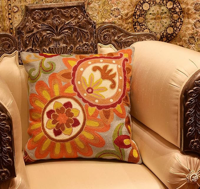 Soft Turquoise Hand Embroidered Floral Pillow Cover Flower Pillows Loral Outdoor Pillowcase Suzani Cushions Flower Chair Cushion Hand Embroidered Wool Size 18x18-Ruum Studio Home