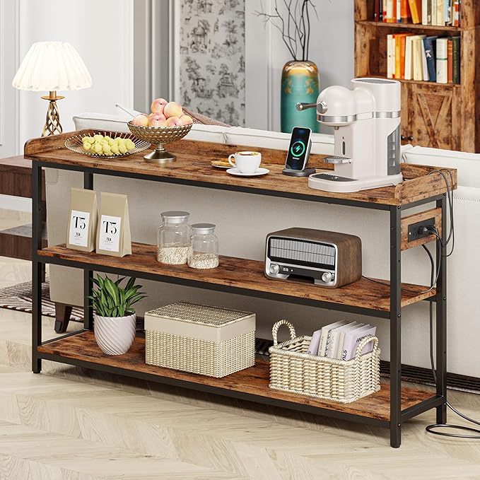 IRONCK Console Table, Sofa Table with Power Outlet, Farmhouse Hallway Table for Entryway, Living Room, Height Adjustable, Easy Assembly, Rustic Brown,55"-Ruum Studio Home