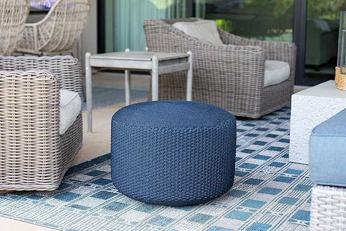 BIRDROCK HOME Outdoor Pouf Ottoman | Hand Woven Waterproof Foot Stool with Bead Bag Filling | Boho Foot Rest for Patio, Living Room, Porch & Outdoor Seating | Lightweight, Soft Stuffed Chair | Navy-Ruum Studio Home
