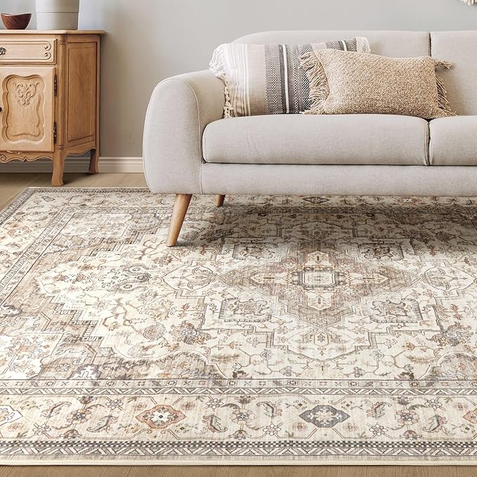 Washable Area Rugs for Living Room - 10x14 Neutral Vintage Distressed Floral Farmhouse Boho Large Soft Floor Rug Indoor Non Slip Carpet for Bedroom Dining Room Office - Brown/Multi-Ruum Studio Home