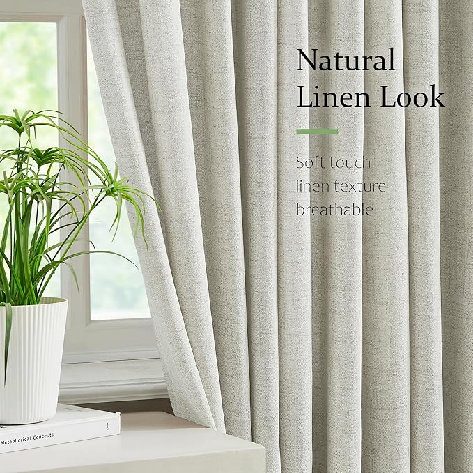 FMFUNCTEX Pinch Pleated Curtains 84 Inches Long for Living Room,Cream Beige Semi Sheer Faux Linen Textured Pleat Drapes for Bedroom with Hooks, Light Filtering Farmhouse Window Drapes 2 Panels-Ruum Studio Home