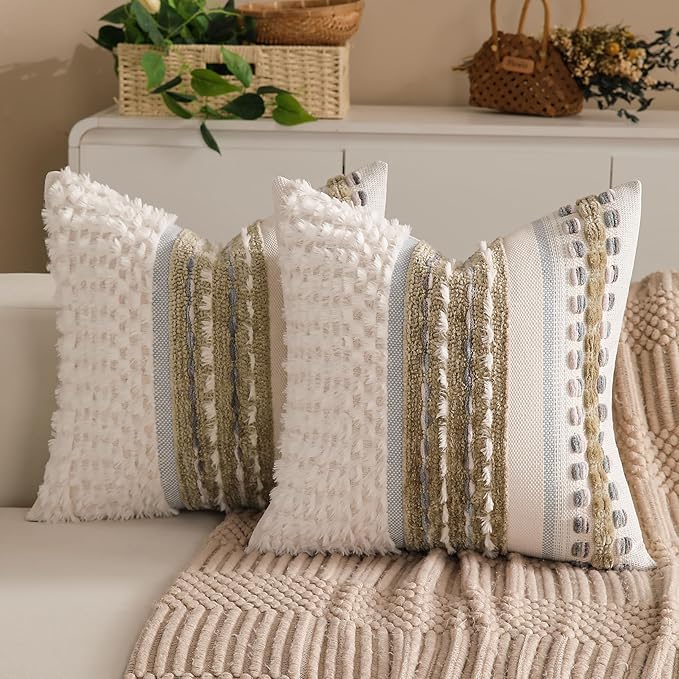Boho Chenille Tufted Couch Throw Pillow Covers 18x18 Inch Set of 2 Farmhouse Striped Decorative Pillow Covers Accent Neutral Pillowcase Brown Cushion Cover for Living Room Sofa Bed-Ruum Studio Home