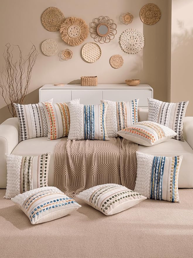 Fall Boho Chenille Tufted Throw Pillow Covers 18x18 Inch Set of 2 Farmhouse Striped Couch Decorative Pillow Covers Accent Neutral Pillowcase Yellow Orange Cushion Cover for Livingroom Sofa Bed-Ruum Studio Home
