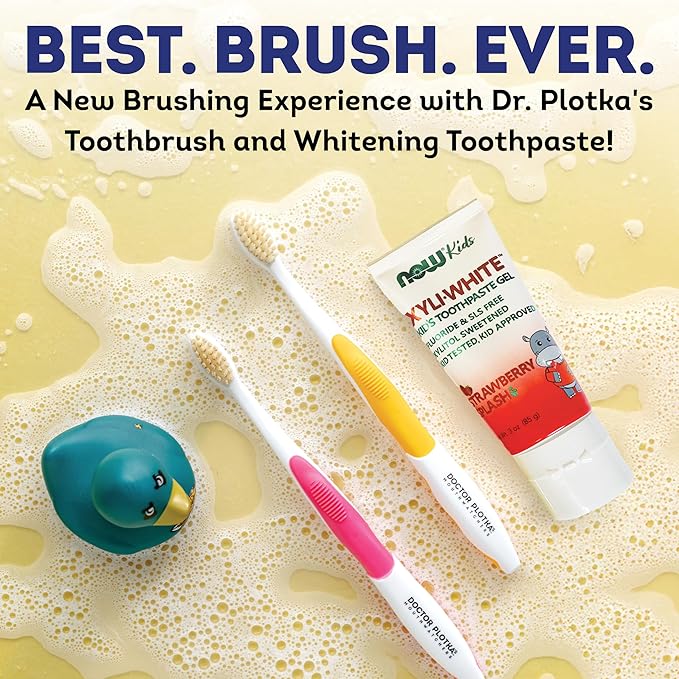MOUTHWATCHERS Soft Kids Toothbrush, 2 Manual Flossing Toothbrushes and 2 Strawberry Fluoride Free Toothpastes, 3 oz, Gift Set, by Dr. Plotka's-Ruum Studio Home