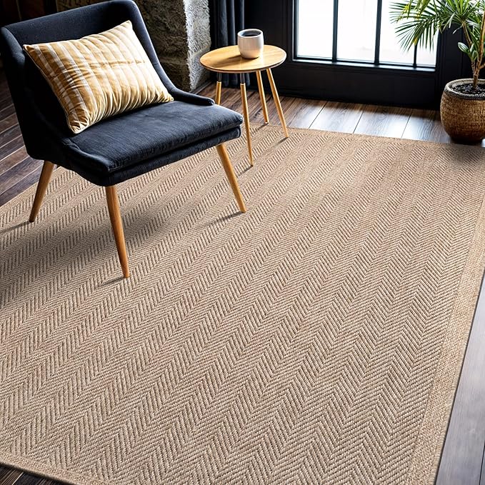 CAMILSON Easy Jute Rug 5x7, Indoor Outdoor Natural Color Fiber Area Rugs for Living Room Patio and Kitchen Rug Herringbone Seagrass Woven Design Easy-Cleaning Washable Outside Carpet Alfombras 5 x 7-Ruum Studio Home