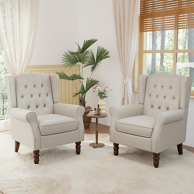 Lumibee High Back Accent Chair Set of 2,Upholstered Wingback Armchair with Solid Wood Legs for Small Spaces,Comfy Single Sofa Chair for Living Room,Bedroom,Office-Beige-Ruum Studio Home