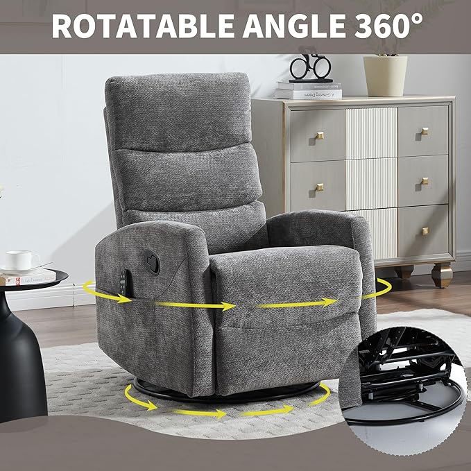 Manual Swivel Rocker Recliner Chair for Adults, Overstuffed Reclining Glider Chair for Nursing with Vibration Massage & Heat, Living Room Rocking Recliner 3-Stage backrest, Chenille Fabric Dark Gray-Ruum Studio Home