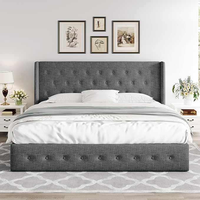 Allewie King Size Lift Up Storage Bed, Button Tufted Headboard with Wingback, Hydraulic Support, No Box Spring Needed, Dark Grey-Ruum Studio Home