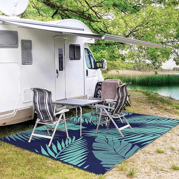 GENIMO Outdoor Rug 8' x 10' Waterproof for Patios Clearance, Reversible Outdoor Plastic Straw Camping Rug Carpet, Large Area Rugs Mats for RV, Camper, Deck, Balcony, Porch, Beach, Navy Blue&Jade Green-Ruum Studio Home
