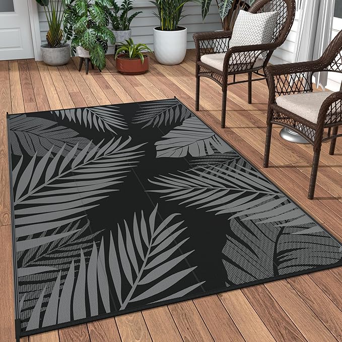 GENIMO Outdoor Rug 3' x 5' Waterproof for Patios Clearance, Reversible Outdoor Plastic Straw Camping Rug Carpet, Large Area Rugs Mats for RV, Camper, Deck, Balcony, Porch, Beach, Picnic, Black&Grey-Ruum Studio Home