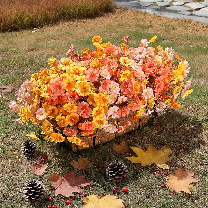 Artificial Mums for Outdoors Fake Fall Flowers Plants for Autumn Decoration, 12 Bundles Silk Morning Glory with Eucalyptus Look Real UV Resistant Faux Mums for Outside Planters Yard Patio Porch, Mix-Ruum Studio Home
