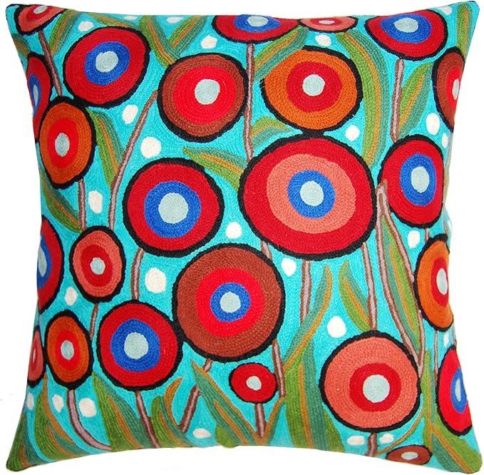 Floral Poppy Pillow Cover - Turquoise Suzani Poppies Accent Chair Cushion - 18x18 Inch Hand Embroidered Wool-Ruum Studio Home
