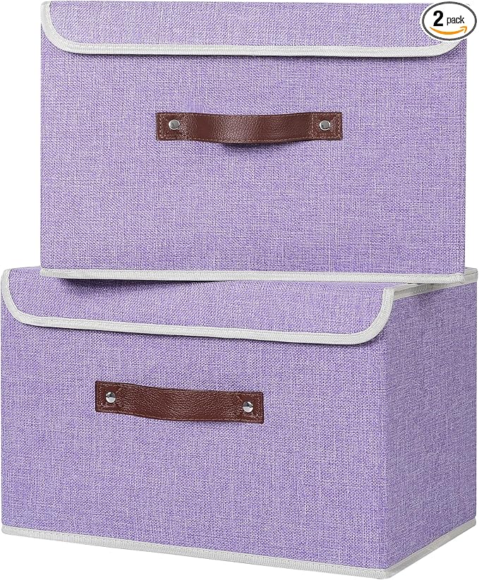 ANMINY 2PCS Storage Bins with Lid PU Leather Handles Storage Boxes PP Plastic Board Decorative Foldable Lidded Cotton Linen Fabric Home Cubes Baskets Closet Organizer Containers - Purple, Large Size-Ruum Studio Home