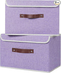 ANMINY 2PCS Storage Bins with Lid PU Leather Handles Storage Boxes PP Plastic Board Decorative Foldable Lidded Cotton Linen Fabric Home Cubes Baskets Closet Organizer Containers - Purple, Large Size-Ruum Studio Home