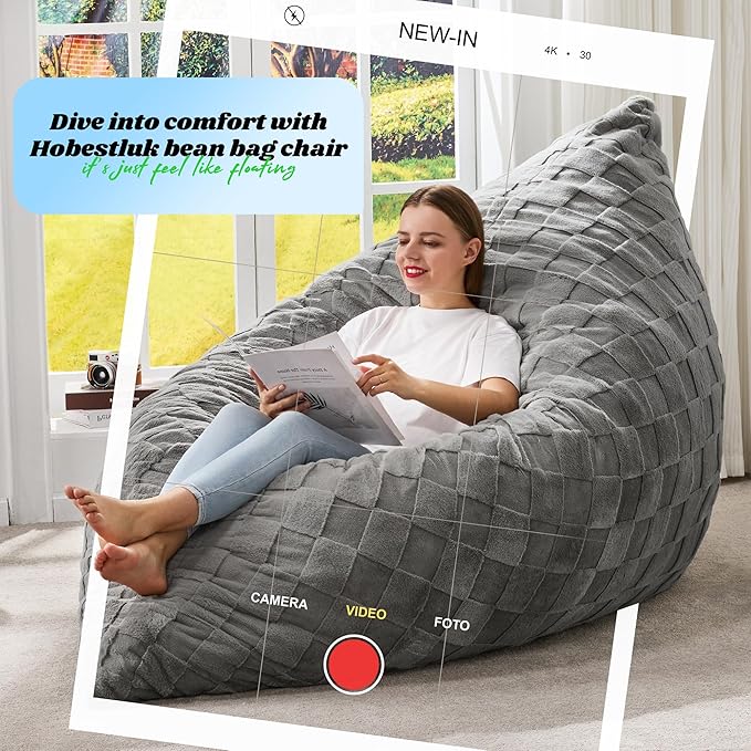 Hobestluk 3 in 1 Bean Bag Chair Giant Bean Bag Chairs for Adults with Plaid Cover Convertible Bean Bag Floor Cushion with Machine Washable Cover for Living Room (Plaid Grey)-Ruum Studio Home