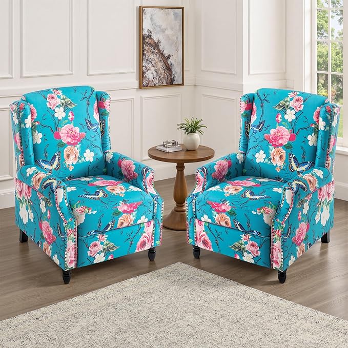 UIXE Floral Pushback Recliner Chairs Set of 2, Fabric Upholstered Armchair Push Back Accent Chair for Living Room, Rivet Trim Club Chair Home Theater Single Sofa Reading Seat - Peacock Blue-Ruum Studio Home