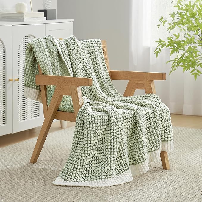 Amélie Home Chenille Waffle Throw Blanket for Couch, Reversible Pineapple Stitch Knit Soft Cozy Knit Blanket Lightweight Warm Decorative Throw for Sofa, Bed, Living Room, 50"x60", Sage Green&Ivory-Ruum Studio Home