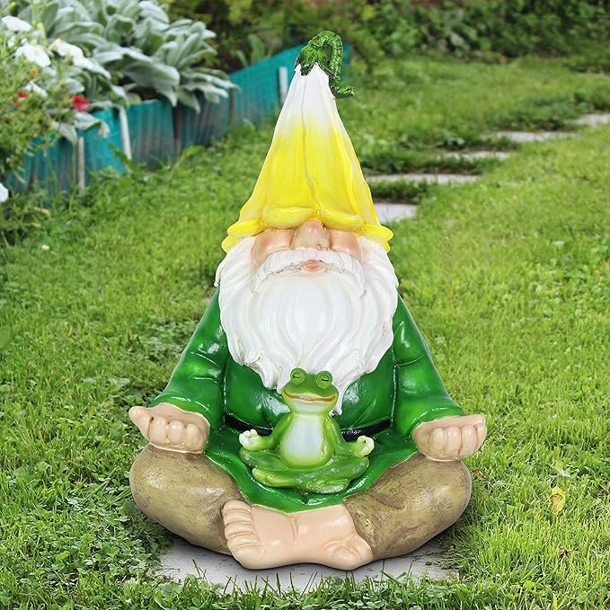 Exhart Solar Light-Up Meditating Gnome Statue w/LED Frog, Durable Resin Garden Décor, 8”x6.5”x10.5”-Ruum Studio Home