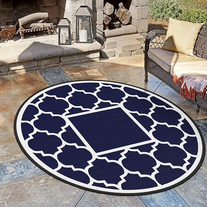 GENIMO 8' Round Outdoor Rug Waterproof for Patio Decor, Foldable Reversible Plastic Straw Area Rugs Mat for Rv, Outside Carpet for Camper, Deck, Picnic, Beach, Balcony, Camper, Blue & White-Ruum Studio Home