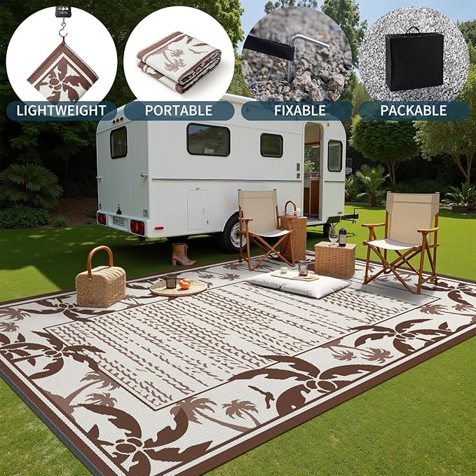 COCOER Outdoor-Rug 8x10 ft Waterproof Reversible Outdoor Plastic Straw Rug RV Indoor Outdoor Carpet Quick Dry Patio Rug Camping Mat for Balcony Backyard Picnic Beach-Brown&Beige-Ruum Studio Home