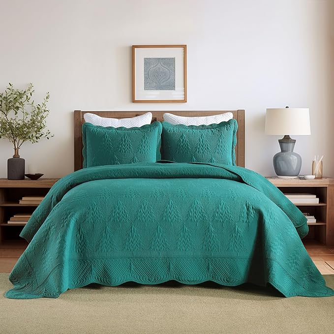 MarCielo 3-Piece Christmas Quilt 100% Cotton Oversized Bedspread Lightweight Coverlet Embroidery Christmas Tree Pattern Bedding Set(TC Emerald, Oversized King (118"x106"))-Ruum Studio Home