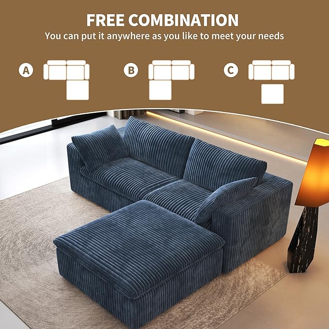 78.74" L Shaped Modern Sofa Modular Sectional Cloud Couch with Ottoman,Upholstered Couches with Plush Corduroy Fabric for Living Room Furniture,Bedroom and Apartment,No Assembly Required,Blue-Ruum Studio Home