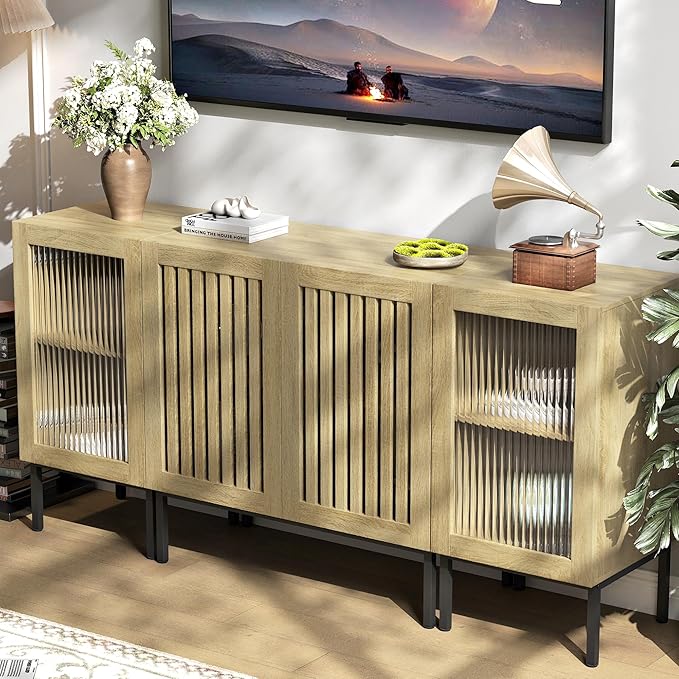 Farmhouse TV Stand for TVs up to 70 Inch, Entertainment Center TV Console with Storage Cabinets and Glass Doors,Media Console for Living Room,Oak-Ruum Studio Home
