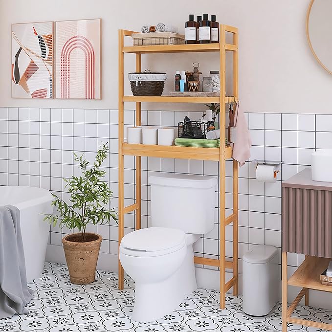SMIBUY Bathroom Storage Shelf, Bamboo Over-The-Toilet Organizer Rack, Freestanding Toilet Space Saver with 3-Tier Adjustable Shelves (Natural)-Ruum Studio Home