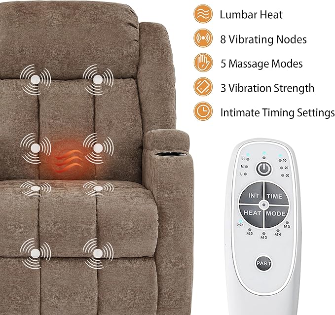 Power Lift Recliner Chair for Elderly with Massage and Heat, Reclining Sofa Chair with USB & Type-C Ports and Cup Holders, L1188(Brown)-Ruum Studio Home