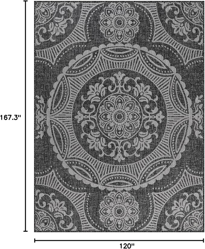 Medallion Outdoor Rug 10x14 Washable Outside Carpet for Indoor Patio Porch Waterproof Easy Cleaning Non Shedding Area Rugs Dark Gray 10 x 14-Ruum Studio Home