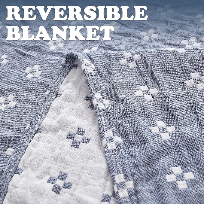 jinchan Boho 100% Cotton Blanket Muslin 50x60 Inches Lightweight 3-Layer Geometric Cross Pattern Reversible Quilt Throw Soft Breathable Comfy All Seasons for Couch Bed Decor, Blue-Ruum Studio Home