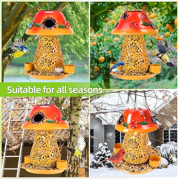 Mushroom Solar Bird Feeders for Outdoors Hanging Metal Wild Bird Feeder Garden Lantern with S Hook for Garden Decoration Orange-Ruum Studio Home