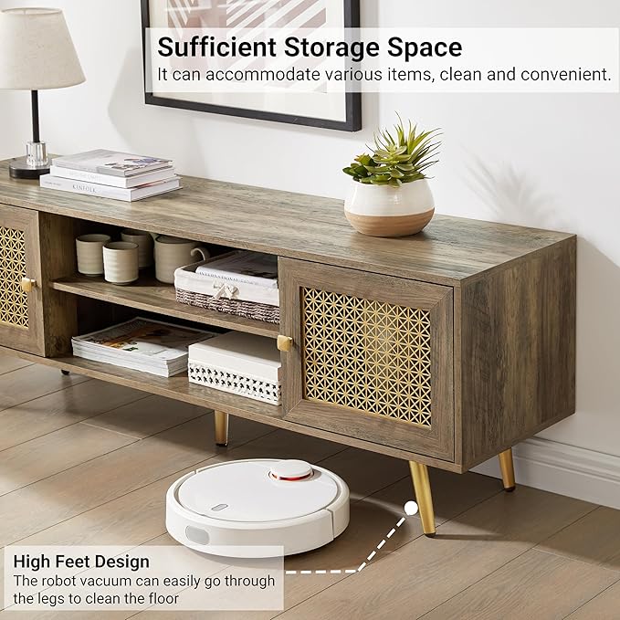 Mid Century Modern TV Stand with Metal Mesh Doors and Open Shelf for Tvs up to 65" Boho Media Console Entertainment Center with Cable Holes for Living Room Rustic Oak 59.06"x15.55"x20.87"-Ruum Studio Home