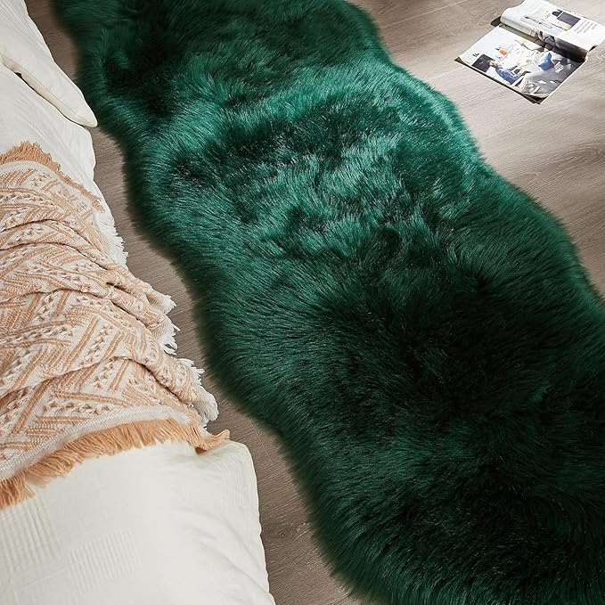 AMTOVO Faux Sheepskin Rug, Dark Green Ultra Soft Fluffy Shag Area Rug, 2 x 6 ft Faux Fur Rug for Bedroom Sofa Throw Cushion Room Decor, Sheepskin-Ruum Studio Home