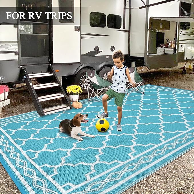 GAOMON Outdoor Plastic Straw Rug, 10'x14' Reversible Sage Green Patio Mat, Flower Modern Design for RV, Backyard, Deck, Camping, Picnic, Teal/White(Geometric)-Ruum Studio Home