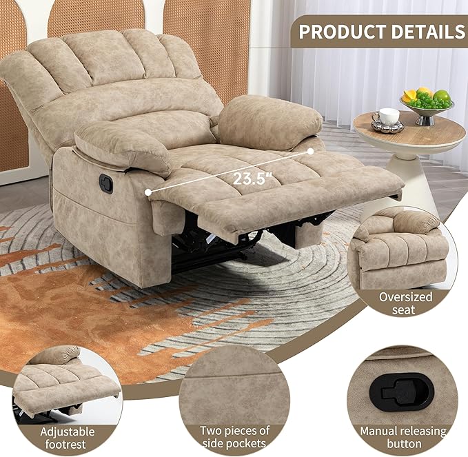 Luxlen Large Manual Recliner Chair,Soft Fabric Push Back Recliner with Overstuffed Armrest and Backrest, Living Room Single Sofa Recliners,Beige-Ruum Studio Home