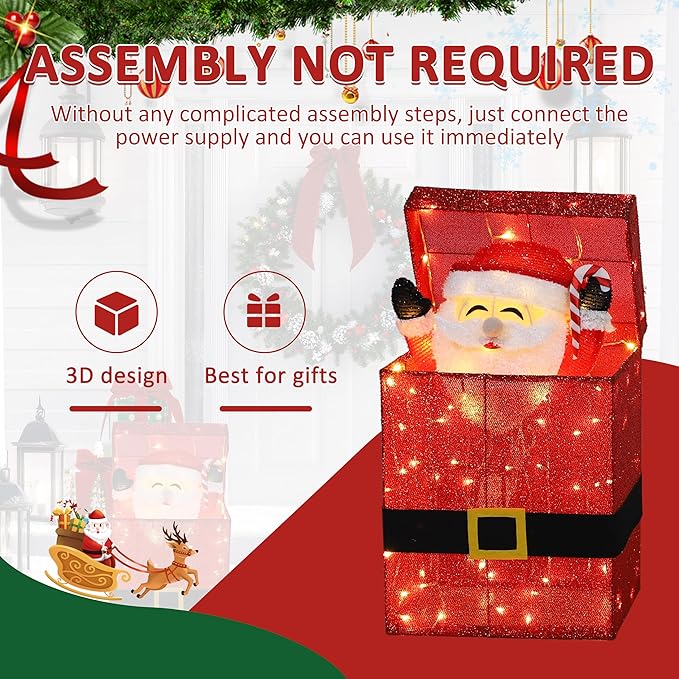 Light Up Electric Santa Claus Decor with 100 LED Lights, 3D Pre-Lit Animated Santa Claus for Xmas Decoration, 14.17" L x 10" W x 26.97" H Freestanding Glittered Display for Outdoor, Indoor-Ruum Studio Home
