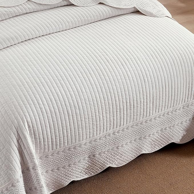 MarCielo 100% Cotton Quilt Set White Lightweight Bedspread with Scalloped Edge, Farmhouse Vintage Bedding, All Season Use(TC Off-White,King (114"x102"))-Ruum Studio Home