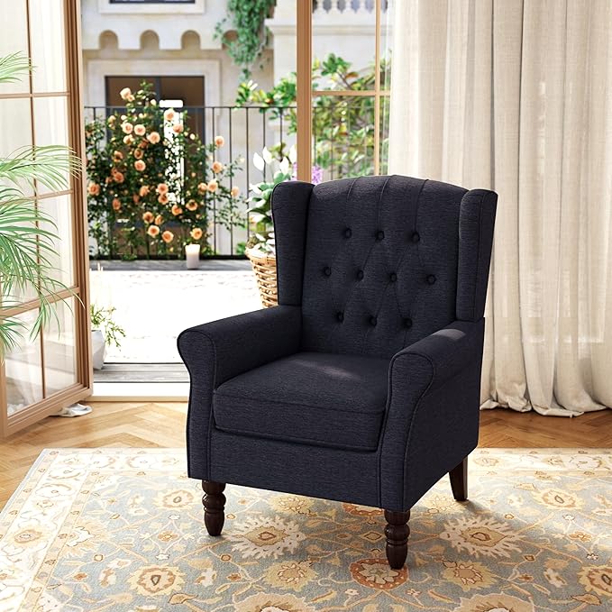 Accent Chair, Upholstered Armchair with Button Tufted High Back & Solid Wood Legs, Comfy Wingback Reading Single Sofa Chair for Small Spaces, Living Room, Bedroom (Blue, Set of 2)-Ruum Studio Home
