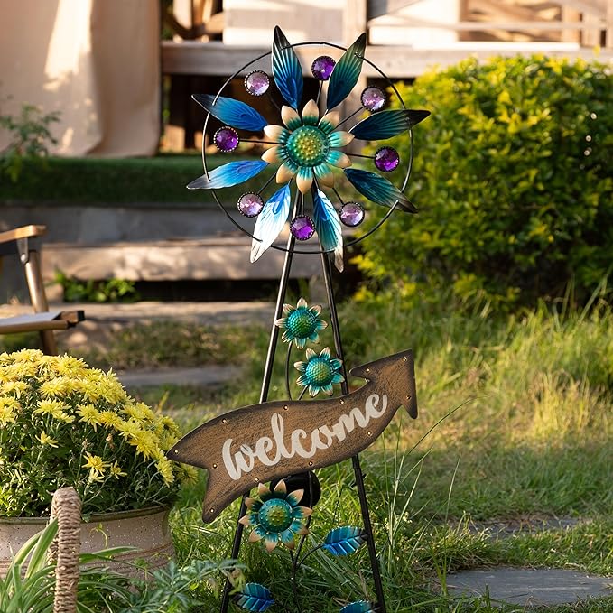 TERESA'S COLLECTIONS Peacock Garden Solar Stake, Wind Spinner Yard Art Sign for Outdoor Decor, Metal Purple Floral Windmill Decorative Garden Stake for Lawn Ornaments, Gifts for Mom, 37''-Ruum Studio Home